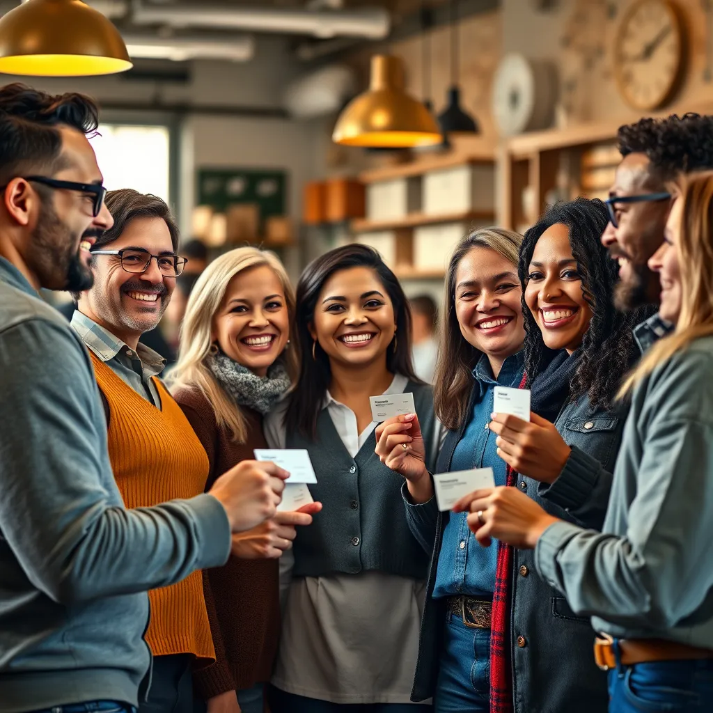 A group of diverse local business owners standing together, smiling and exchanging business cards. They are surrounded by happy customers, representing a network of businesses referring clients to each other. The setting should be warm and inviting, emphasizing a strong sense of community.