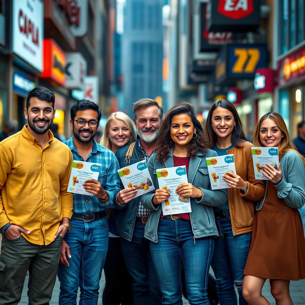 A group of diverse local business owners standing together, smiling and holding promotional materials, with a background of a bustling city street. The image should evoke a feeling of collaboration and shared marketing efforts.