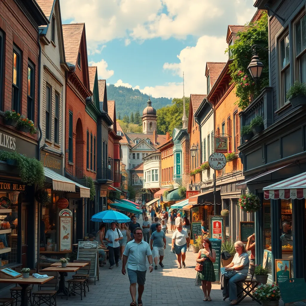 A picturesque town square filled with various local businesses, each unique and vibrant. People are enjoying themselves, shopping, dining, and socializing, creating a lively and thriving atmosphere. The image should evoke a sense of community, prosperity, and the interconnectedness of local businesses.