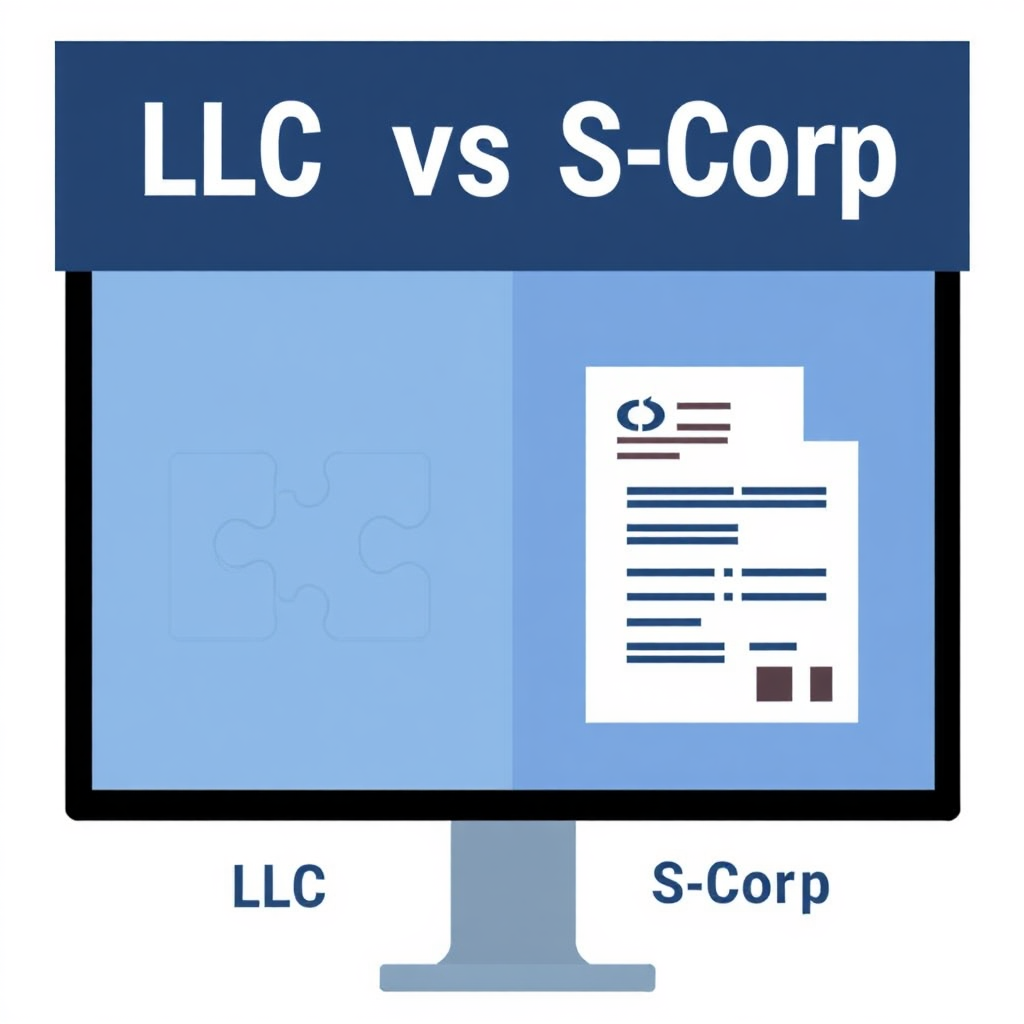 A split-screen image, one side representing an LLC (symbolized by interlocking puzzle pieces representing limited liability), and the other side representing an S-Corp (symbolized by a stylized tax form). Use contrasting colors to highlight the differences. Style: modern, infographic-inspired.