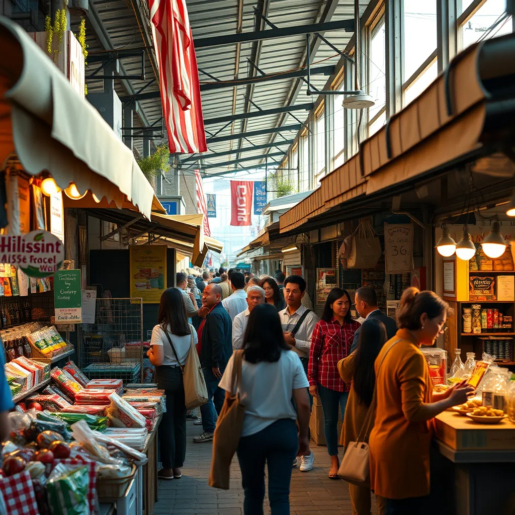 A thriving local marketplace with vendors selling diverse products, shoppers browsing and engaging with businesses, and a sense of vibrant activity and economic prosperity. The image should showcase the positive impact of community partnerships.