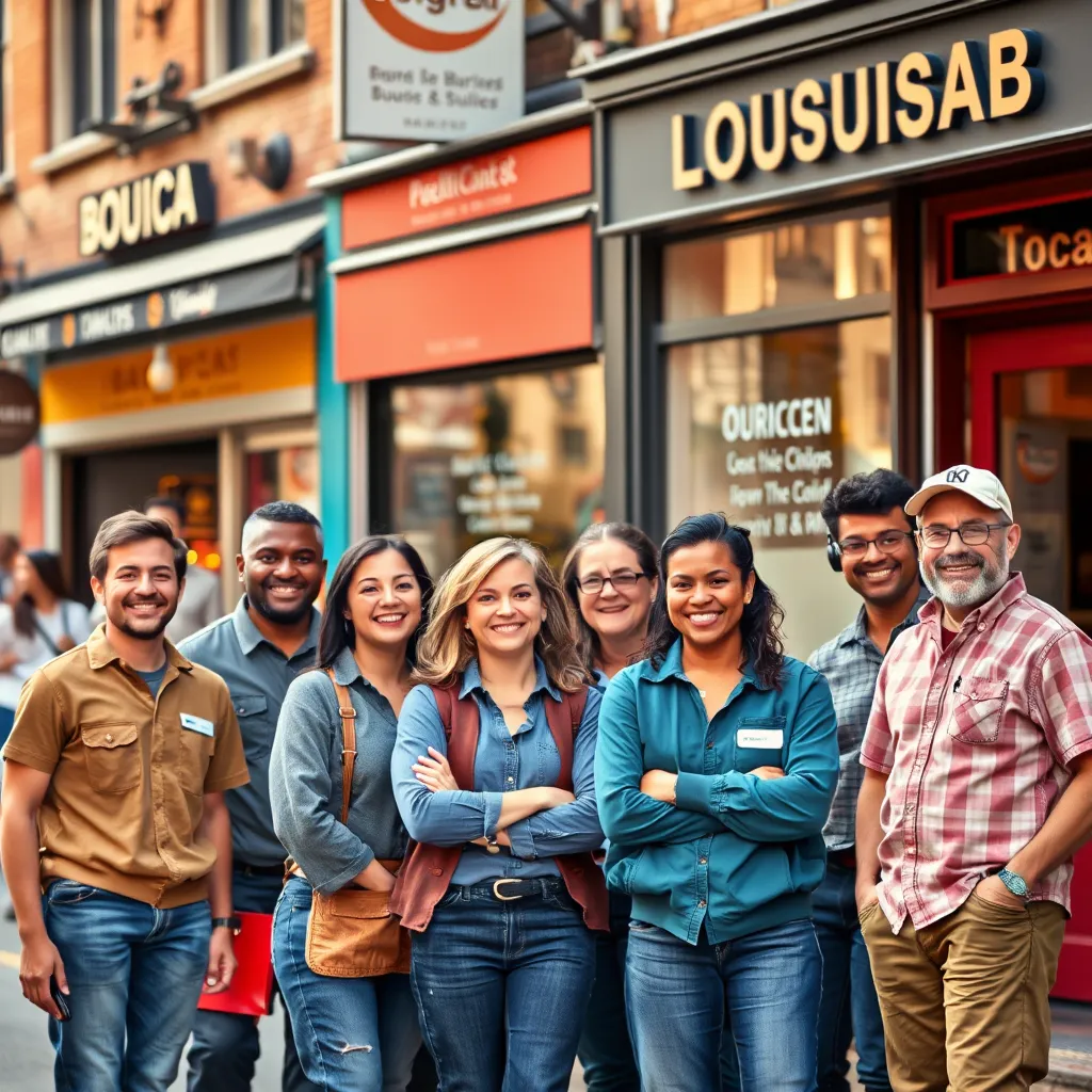 A vibrant, high-resolution photo of a diverse group of local business owners standing together in front of their storefronts. The storefronts are unique and represent different industries, but they all feature a consistent color scheme and branding elements that tie them together. The business owners are smiling and interacting with each other, showcasing a sense of community and collaboration. The background features a bustling city street, with people walking by and enjoying the local businesses. The lighting is warm and inviting, with soft shadows and highlights. The overall mood is positive and energetic, reflecting the strength of the community and the benefits of working together. The image should have a realistic, high-quality style with attention to detail.