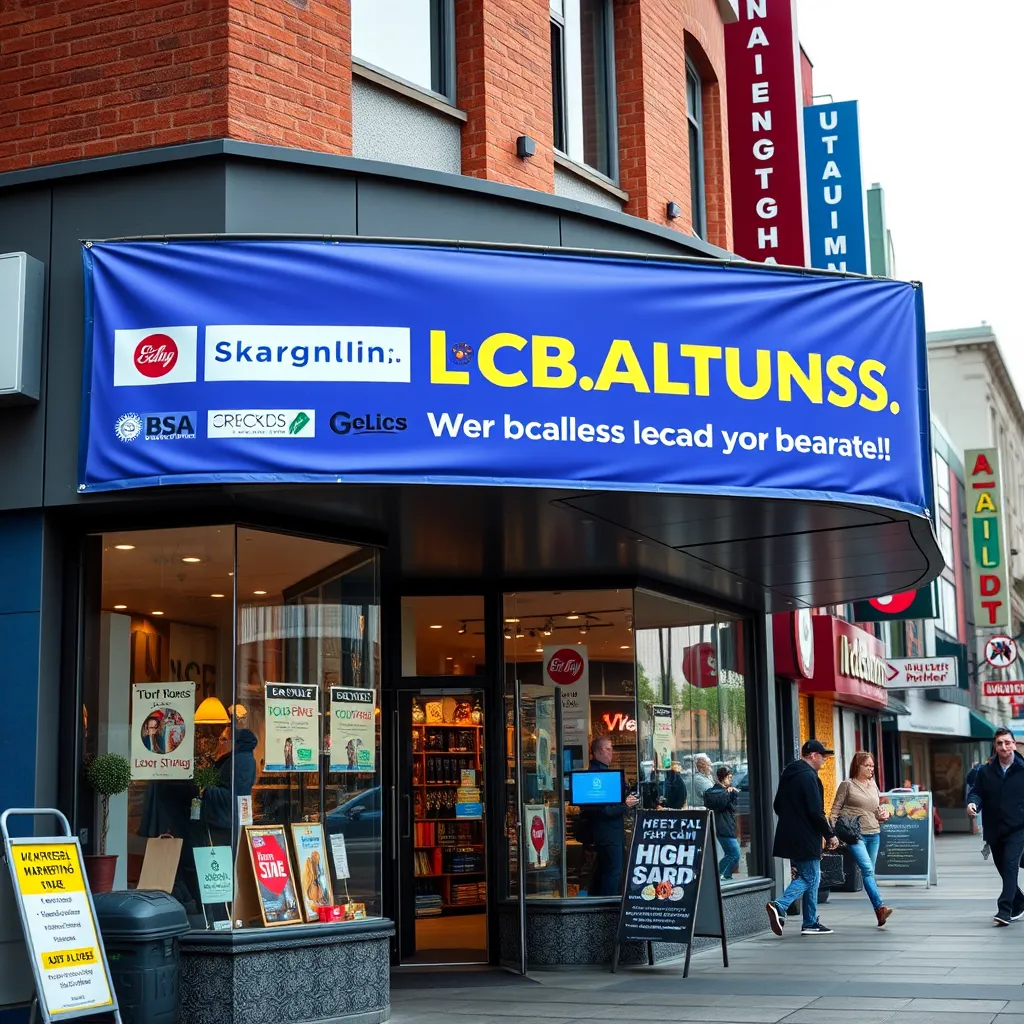 A vibrant, modern storefront with a banner showcasing a collaborative marketing campaign involving multiple local businesses. The banner features logos of each business and a catchy slogan highlighting their combined efforts. The storefront should be bustling with activity, depicting a sense of community and shared success.