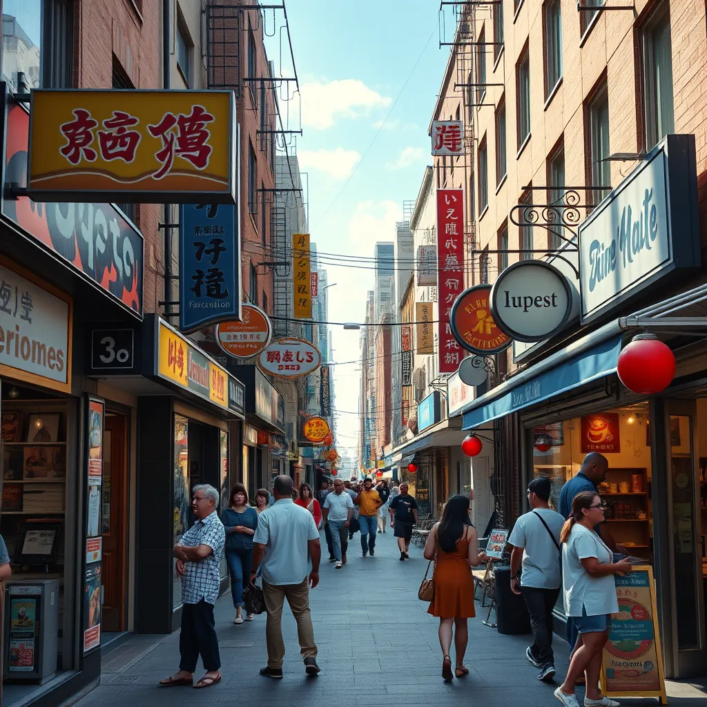 A vibrant city street scene with various businesses, each with unique signage, and customers interacting with each other.  The image should convey a sense of community and shared clientele.