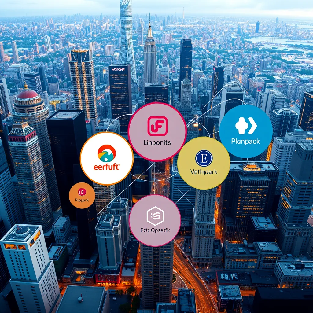 A vibrant cityscape with overlapping circles representing different businesses, connected by lines symbolizing shared customers. Each circle features a distinct logo and color scheme, suggesting diverse but complementary services. The overall image conveys a sense of interconnectedness and collaborative growth.