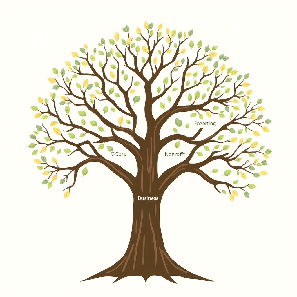 A visual representation of a branching tree, with the trunk representing the core business and the branches representing different corporate structures (C-Corp, nonprofit, etc.). Use a natural, organic style with subtle color variations. Focus on growth and diversity.