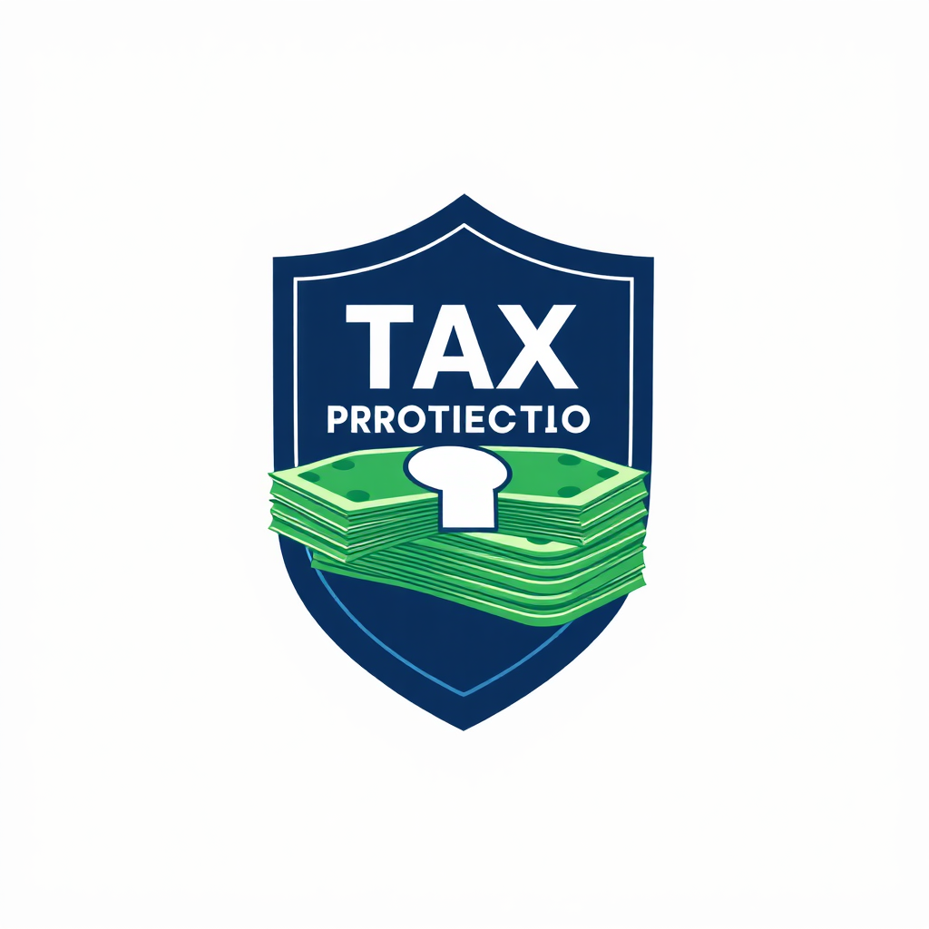 A visual representation of a shield protecting a stack of money, symbolizing tax protection and financial security. Use a modern, professional style with a secure and trustworthy feel.