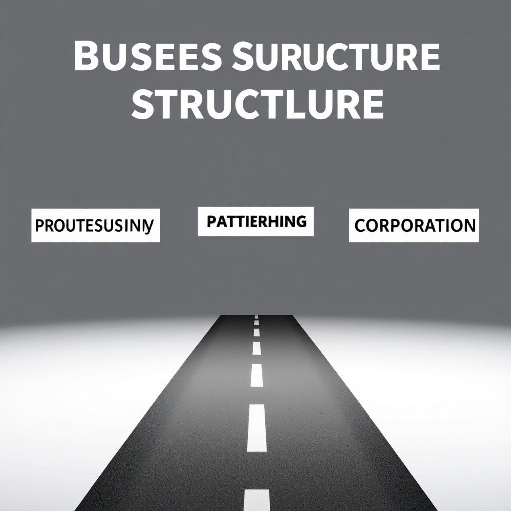 A visual representation of three distinct pathways converging into a single, well-lit road. Each pathway represents a different business structure (sole proprietorship, partnership, corporation), and the converging point symbolizes the decision-making process of choosing the right structure. Use a clean, modern style with distinct visual cues for each pathway. Focus on clarity and simplicity.