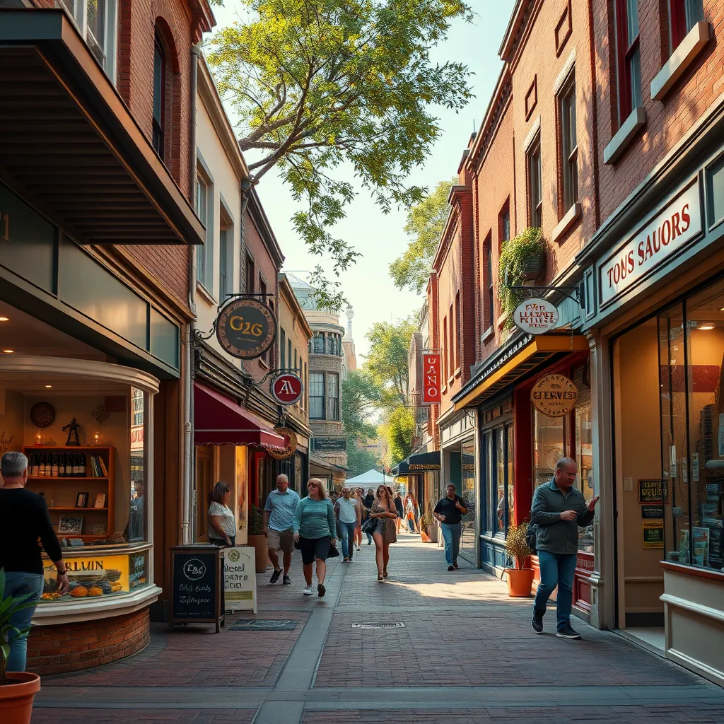 A warm, inviting scene of a local street bustling with activity. Shops with unique storefronts are filled with smiling customers and friendly staff, representing diverse businesses working together. The image emphasizes the sense of community, local pride, and shared success.