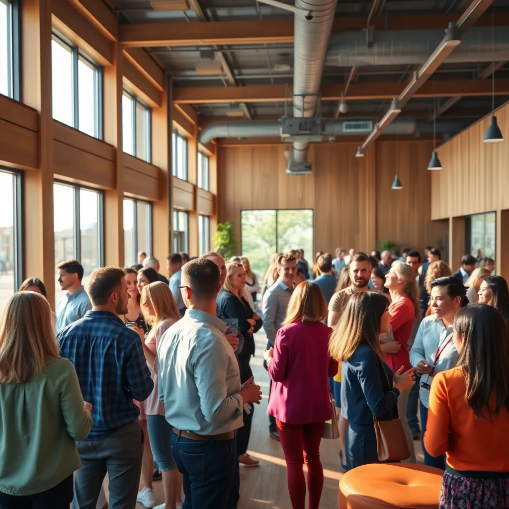 An ultra-high resolution image of a lively networking event held in a modern, open-plan space. The scene features a diverse group of local business owners mingling and engaging in conversations. The room is filled with natural light streaming through large windows, illuminating a comfortable and inviting atmosphere. The color palette is vibrant and warm, with natural wood accents and pops of color from the business owners' attire. The image should capture the energy and excitement of the event, highlighting the value of building connections and sharing knowledge. The perspective should be slightly elevated, offering a panoramic view of the space and showcasing the diverse group of participants. The image should have a photorealistic style, with attention to detail and high-quality textures.