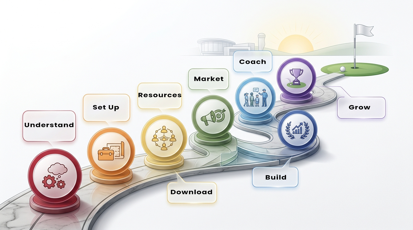 infographic showing a 7 stage pathway for coaches to get up and running