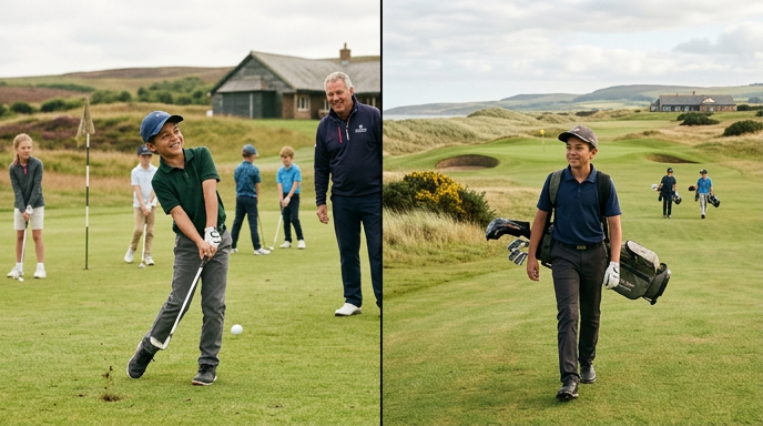 split screen one boy hitting s shot another boy walking the fairway