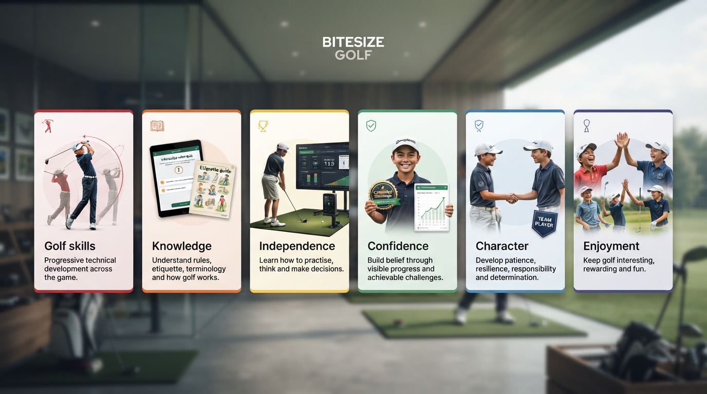 6 sections explain the how a young golfer develops life skills