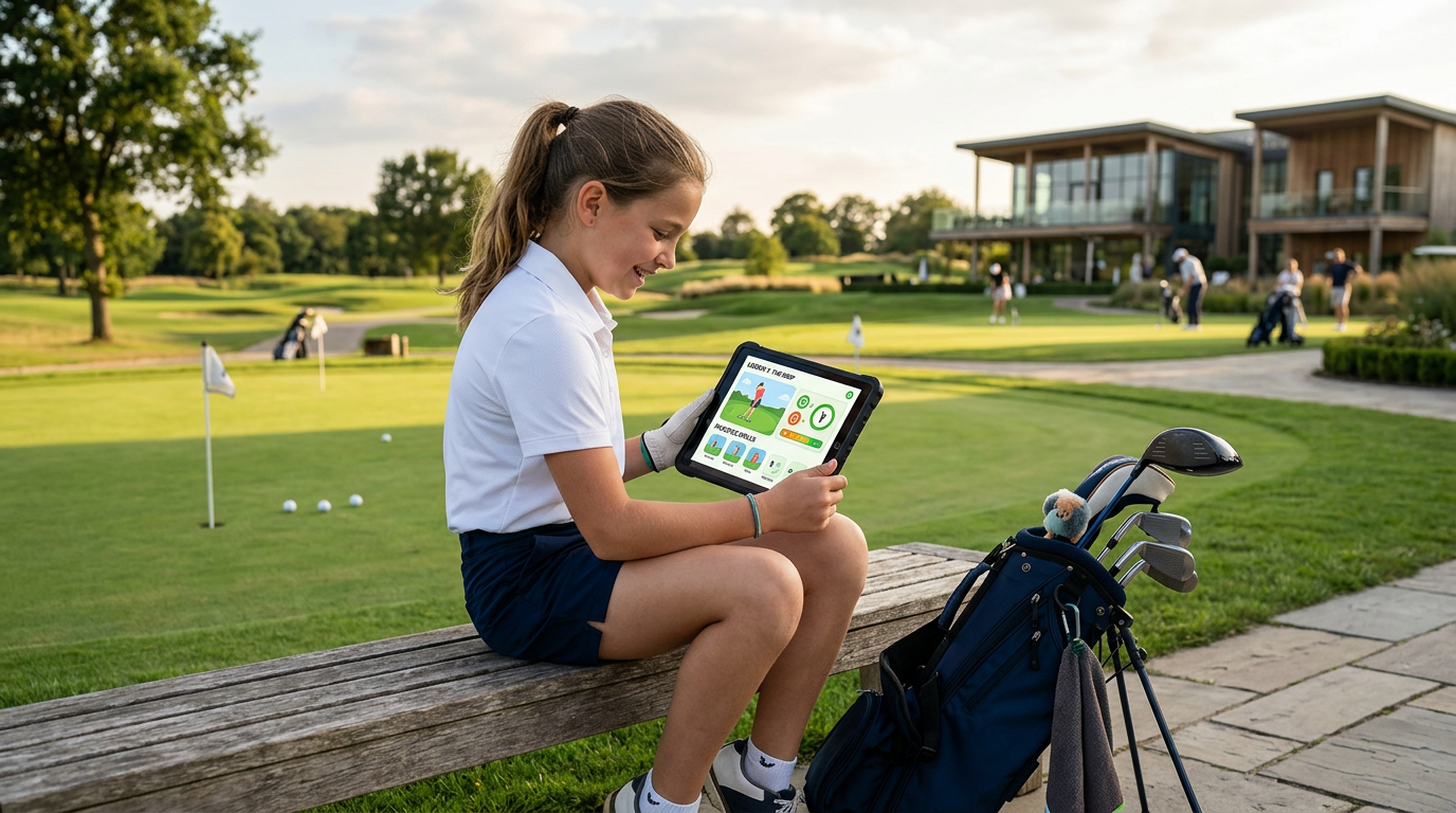 girl sitting beside putting green looking at app on her tablet