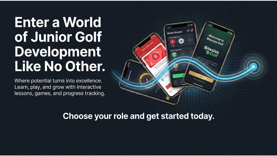 4 phones showing Bitesize Golf app pages