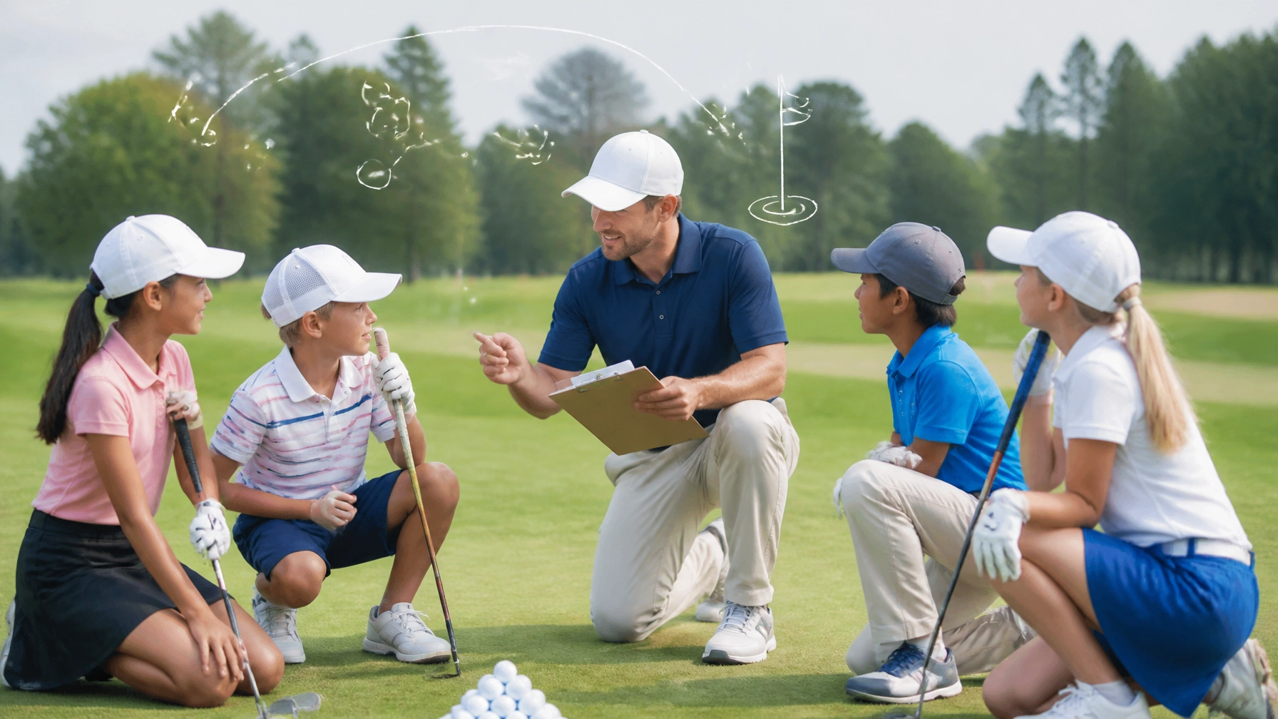 coach teaching 4 kids