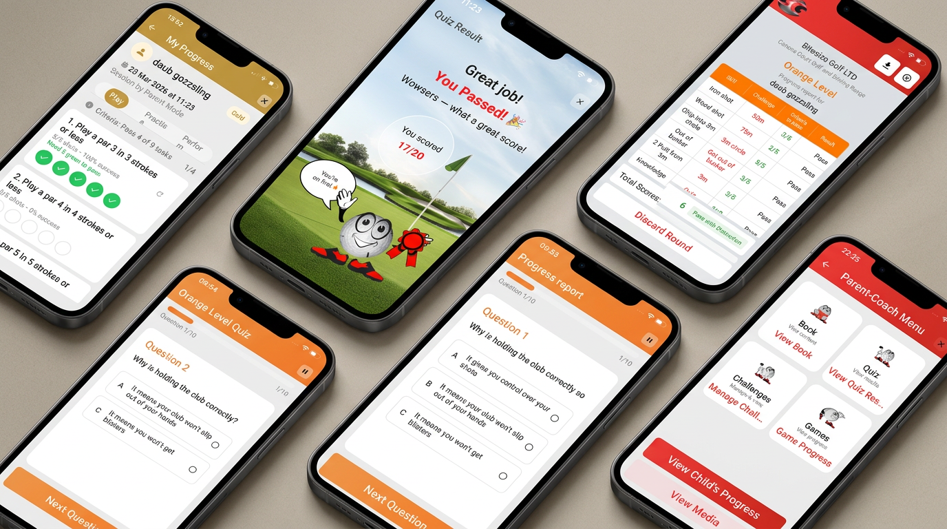 several phones showing the Bitesize Golf app