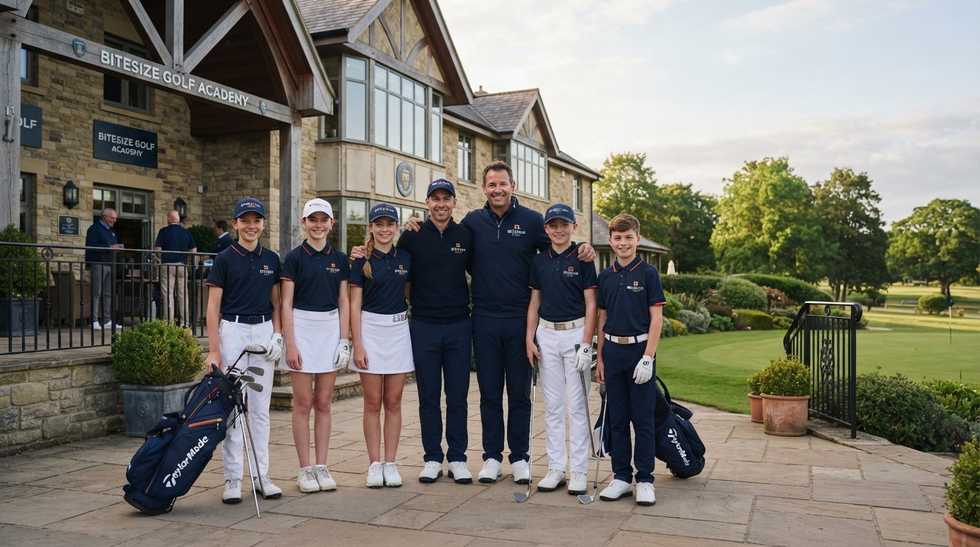 group of juniors with their coach outside the clubhouse
