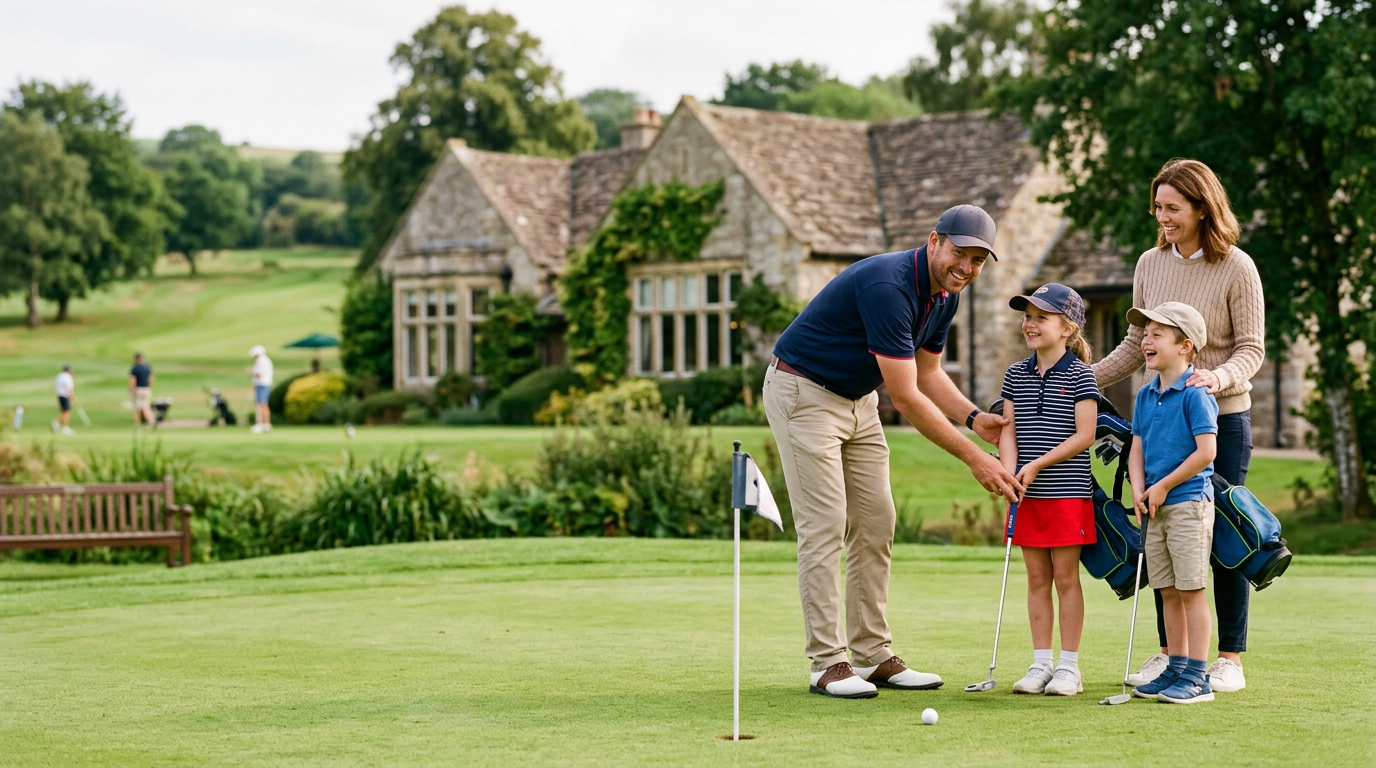 Young golfers enjoying a session with their coach and parent.