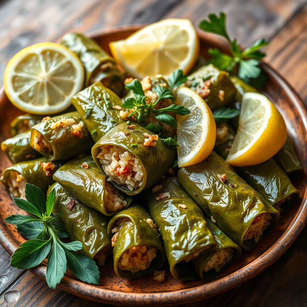 Stuffed vine leaves with lemon garnish