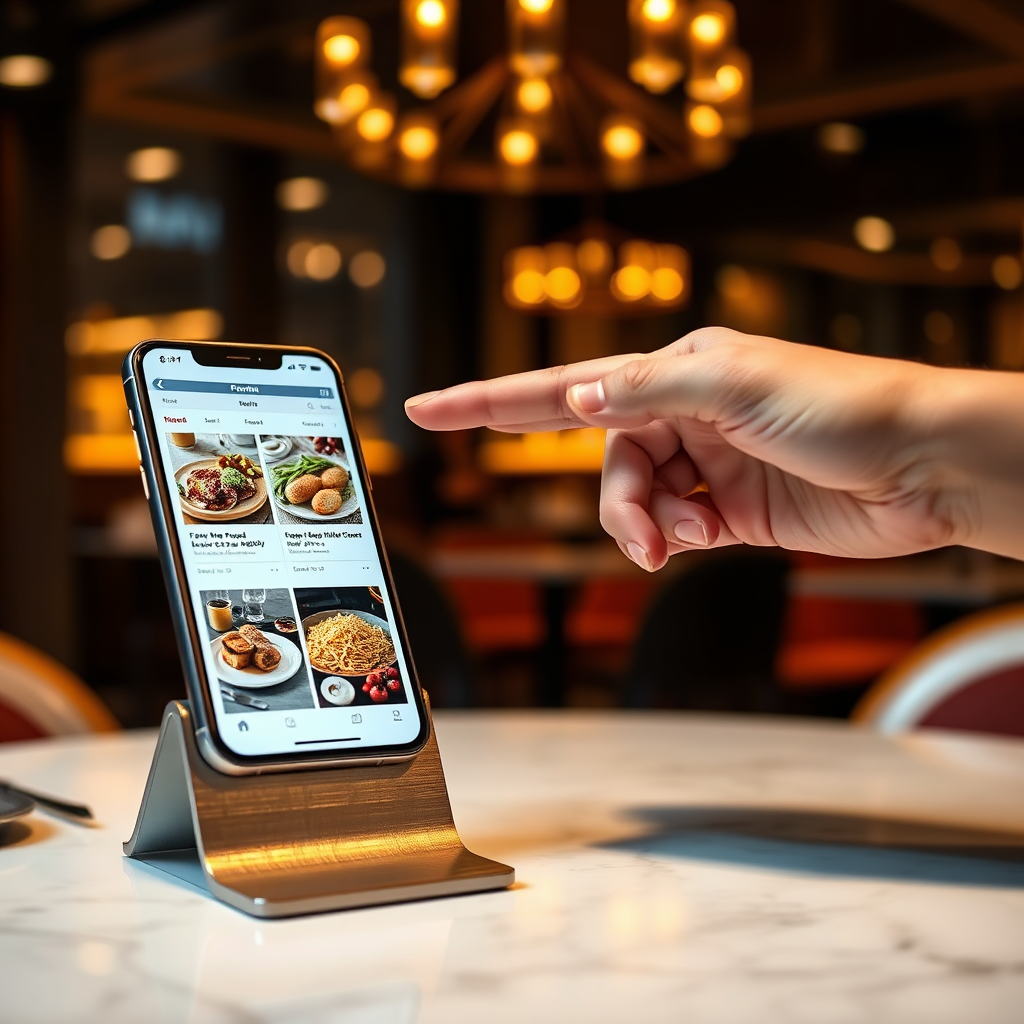 Modern restaurant table with digital menu standee and smartphone interaction