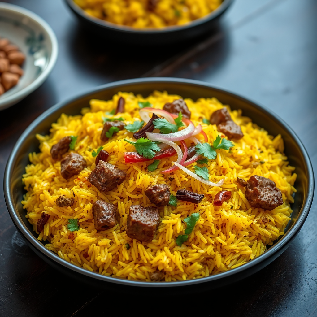 Full plate of spiced yellow rice with beef