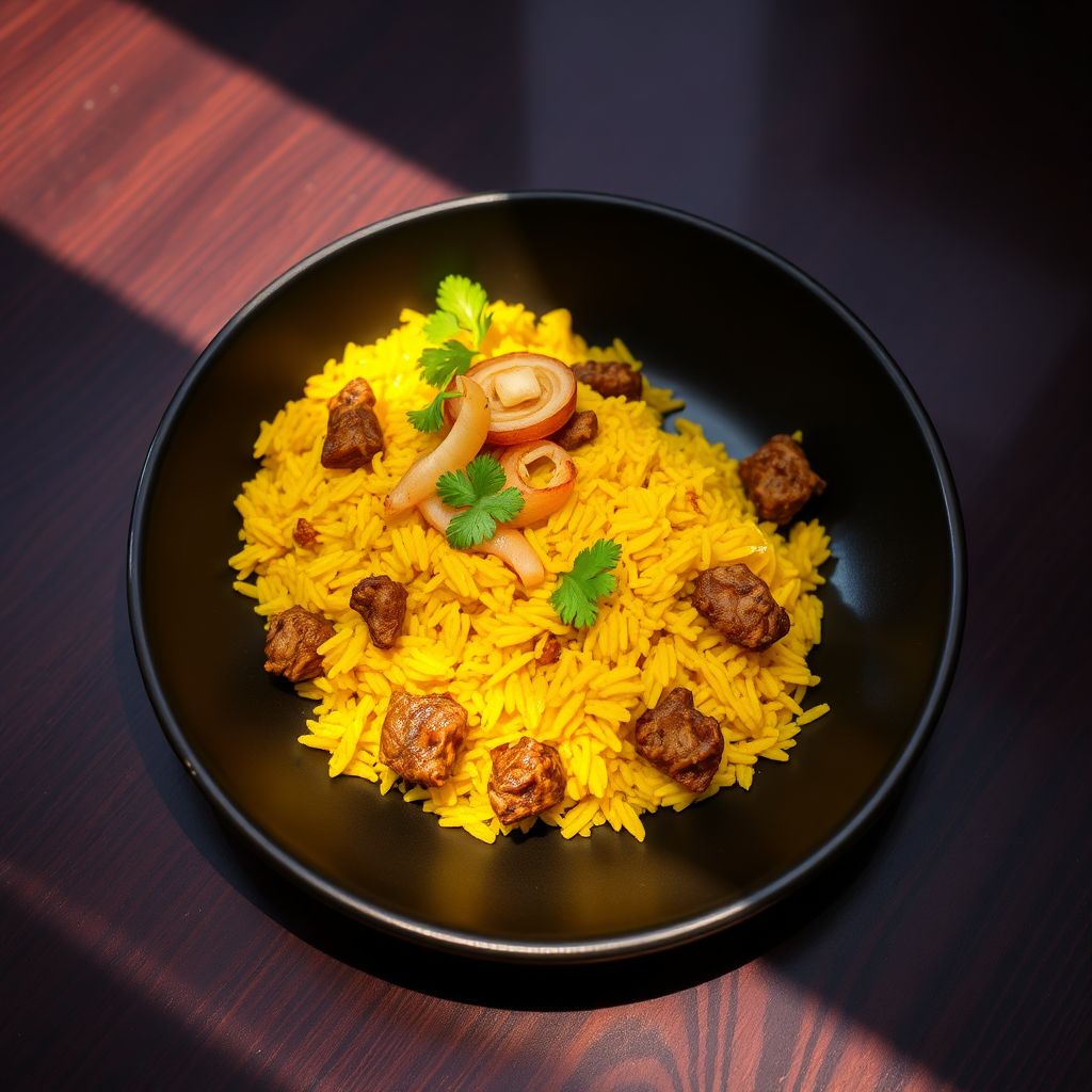 Half plate of spiced yellow rice with beef