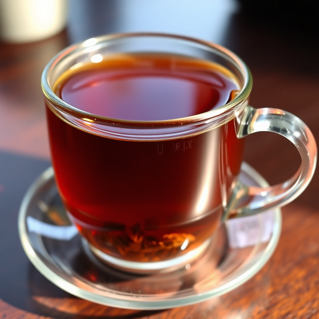 Hot tea in a glass cup with saucer