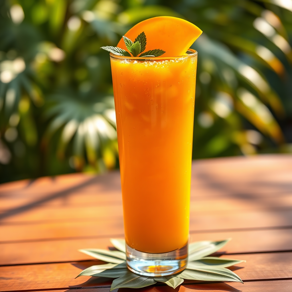 Vibrant orange mango juice in a tall glass with mango slice and mint garnish