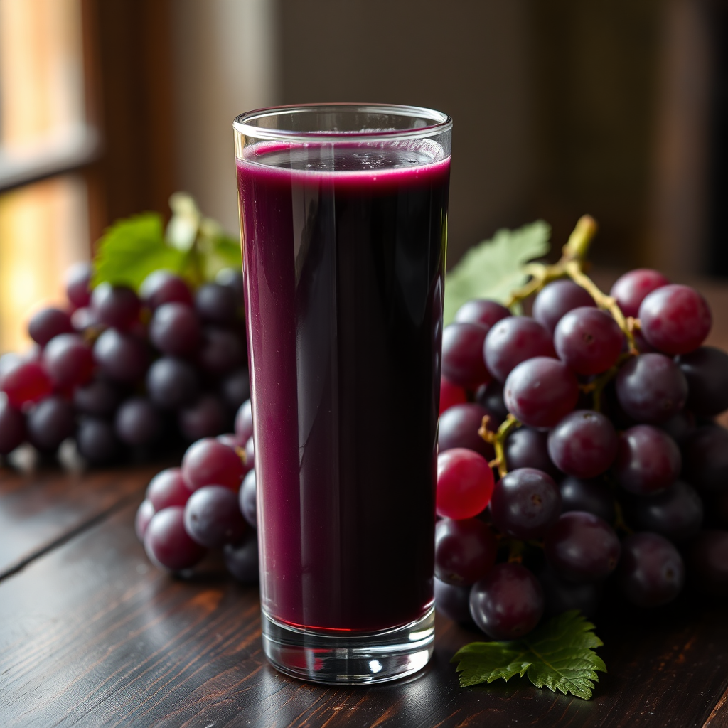 Deep purple grape juice with fresh grapes
