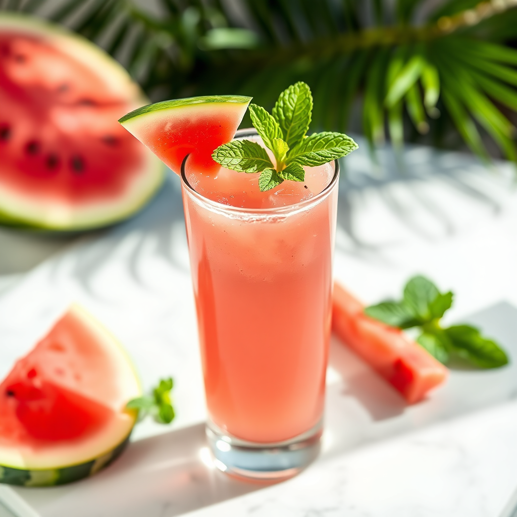 Bright pink watermelon juice in a tall glass with watermelon wedge and mint garnish