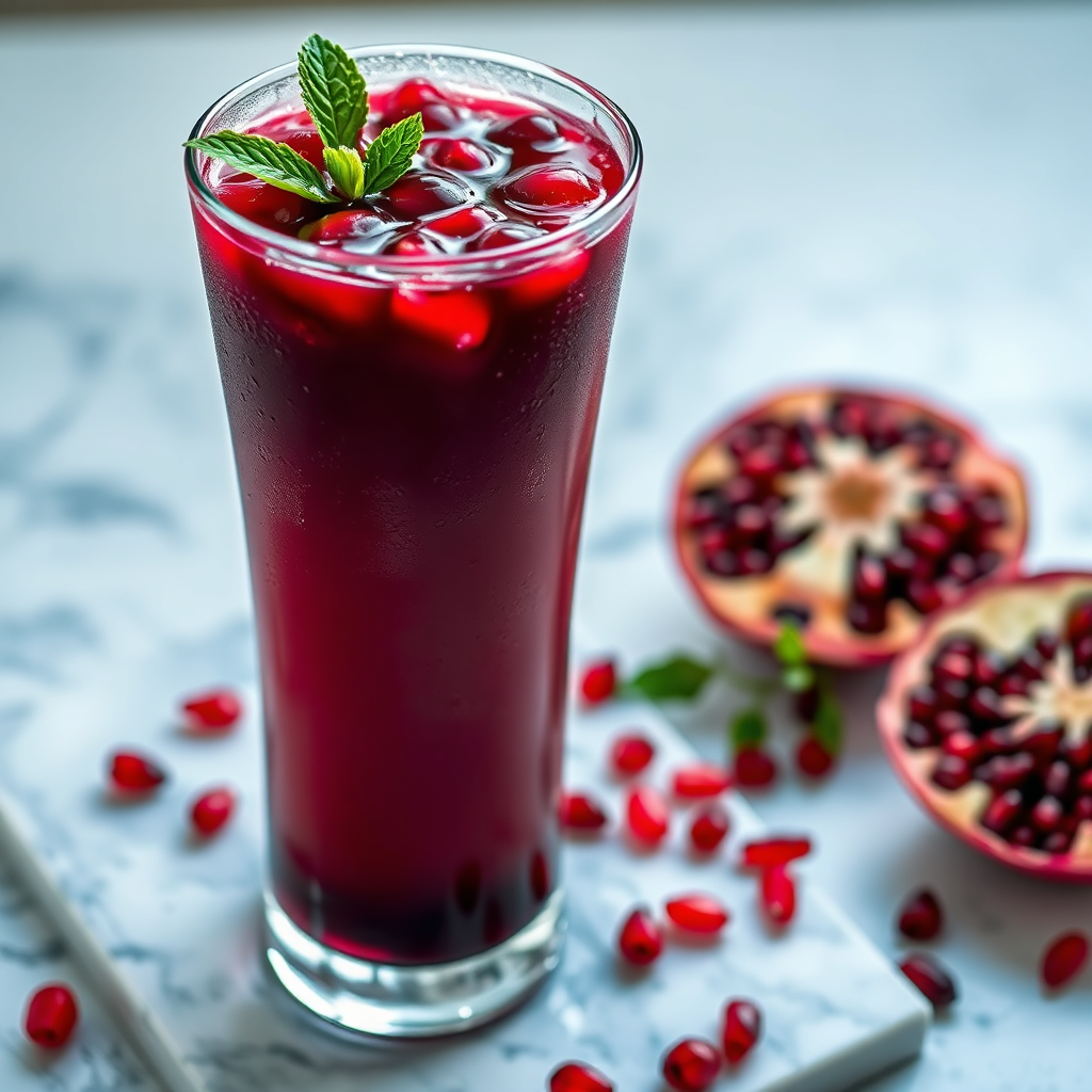 Deep red pomegranate juice in a tall glass with fresh seeds and mint garnish
