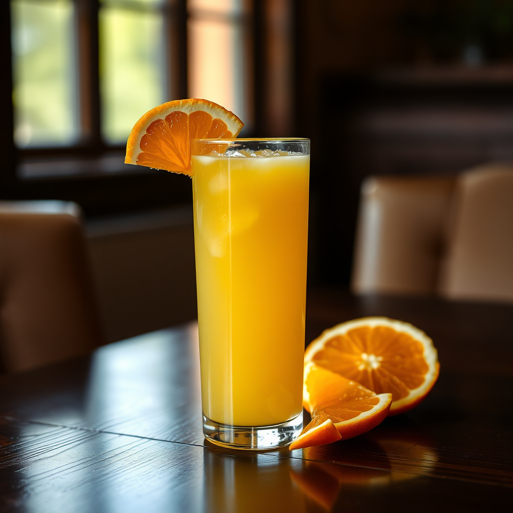 Orange Malta juice with fresh fruit slices