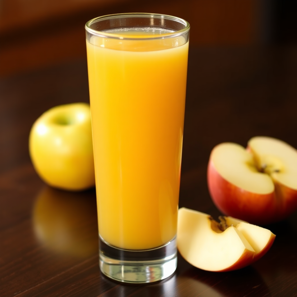 Golden apple juice with fresh apple slices