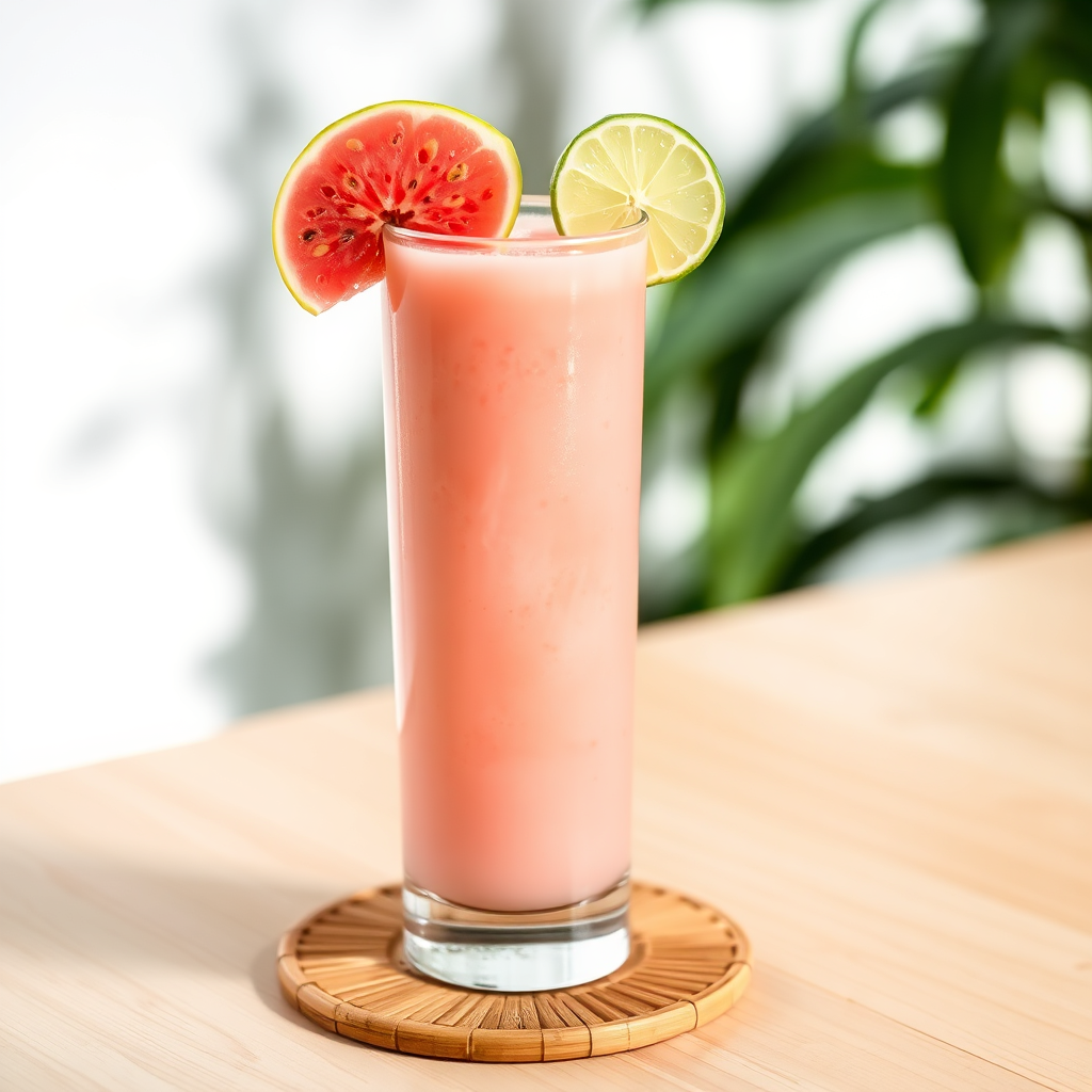 Pale pink guava juice in a tall glass with guava slice and lime garnish