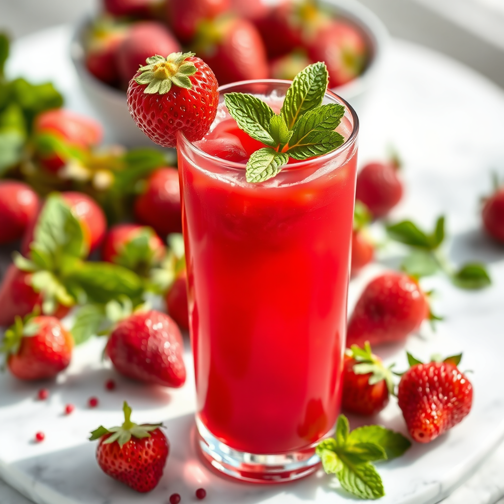 Bright red strawberry juice in a tall glass with fresh strawberry and mint garnish