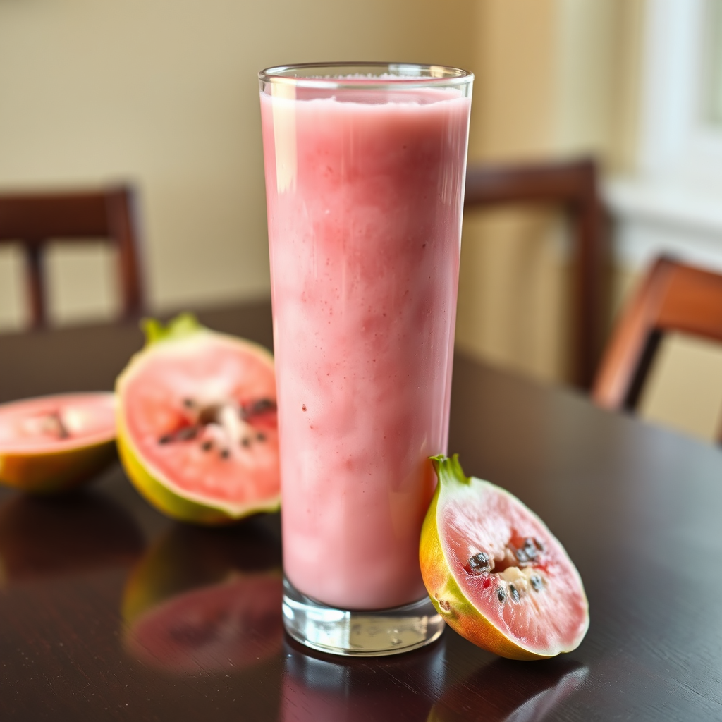 Pink guava juice with fresh guava slices