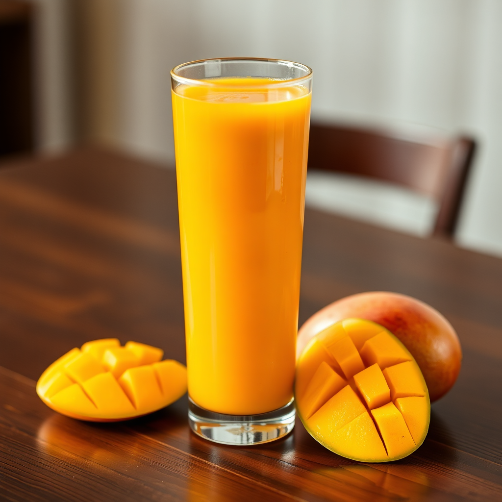 Vibrant orange mango juice with fresh mango