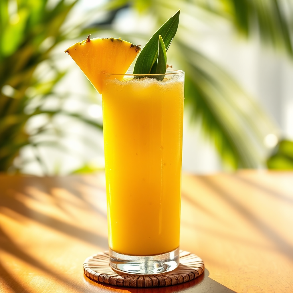 Bright yellow pineapple juice in a tall glass with pineapple wedge garnish