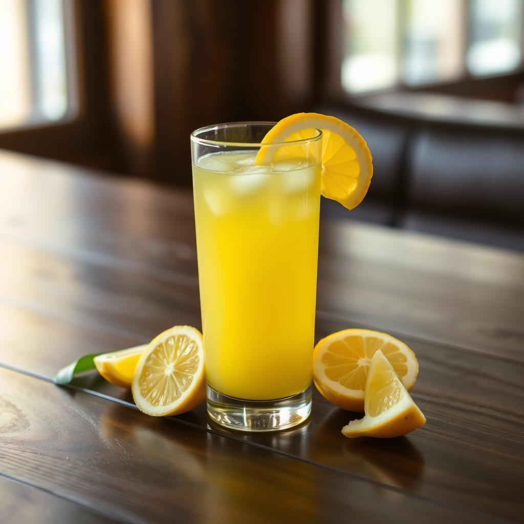 Yellow lemon juice with fresh lemon slices