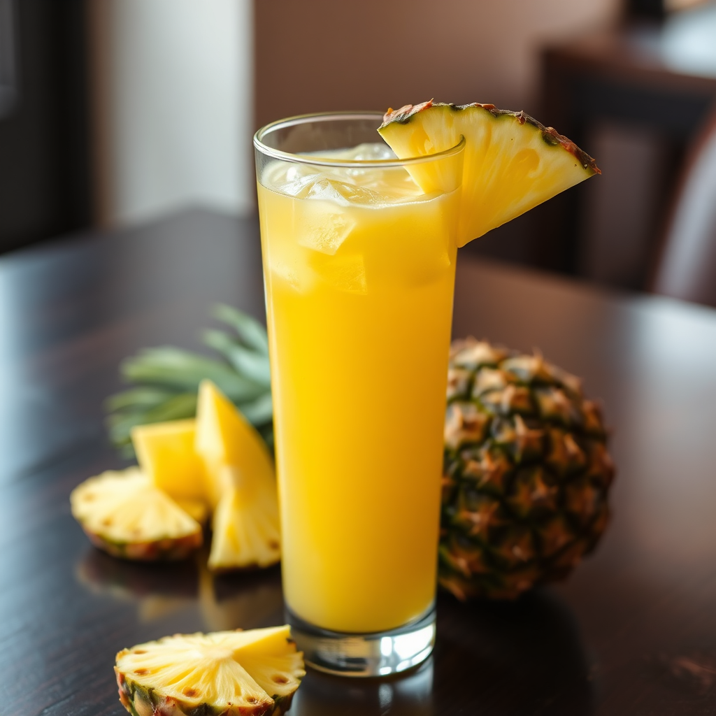 Golden pineapple juice with fresh pineapple slices