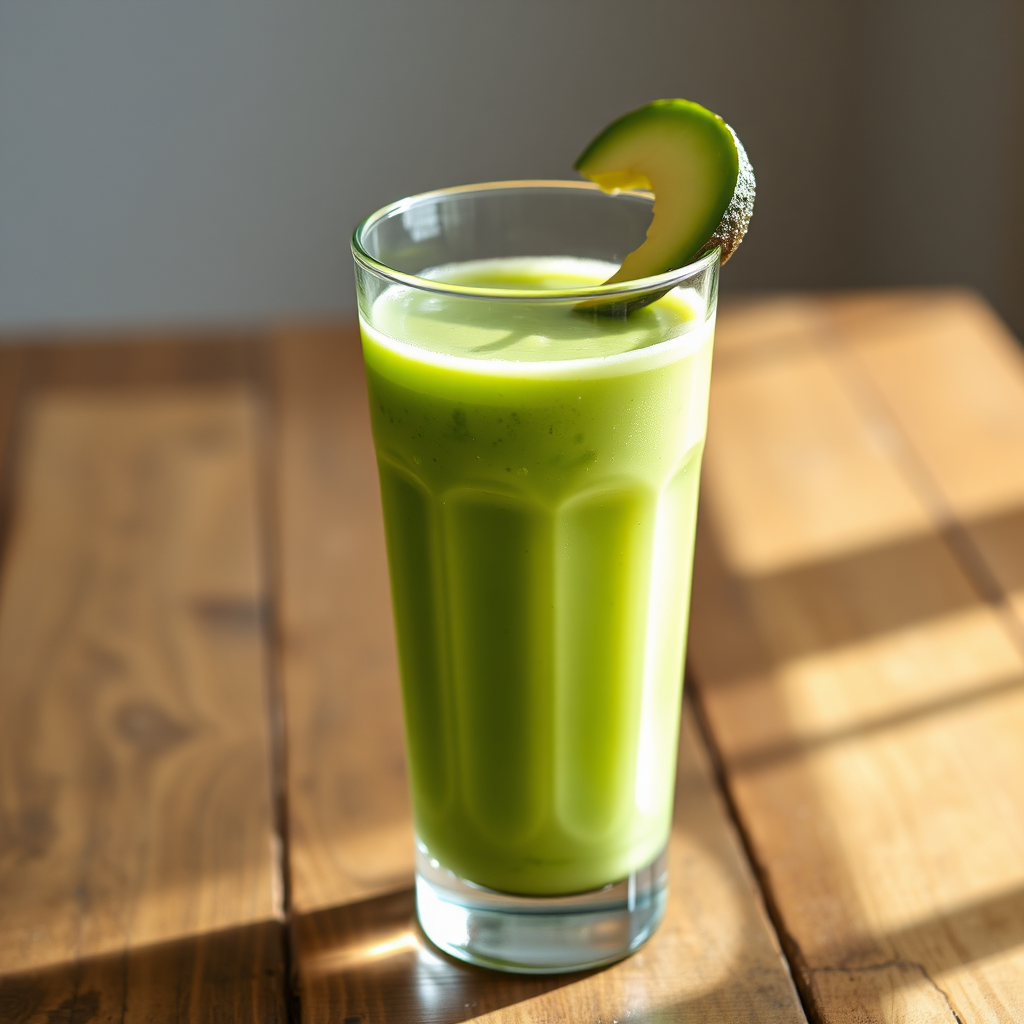 Creamy green avocado juice in a tall glass with avocado slice garnish