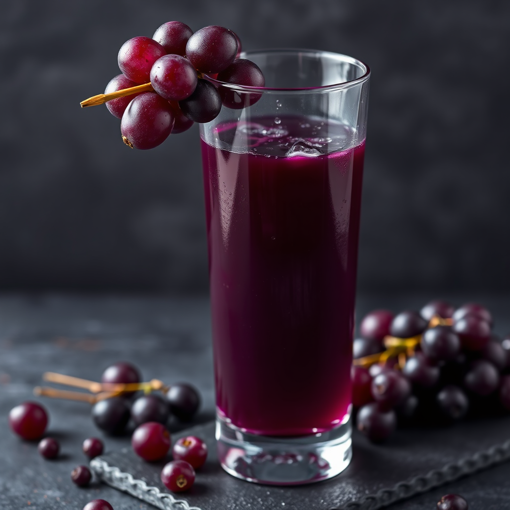 Deep purple grape juice in a tall glass with fresh grape cluster garnish