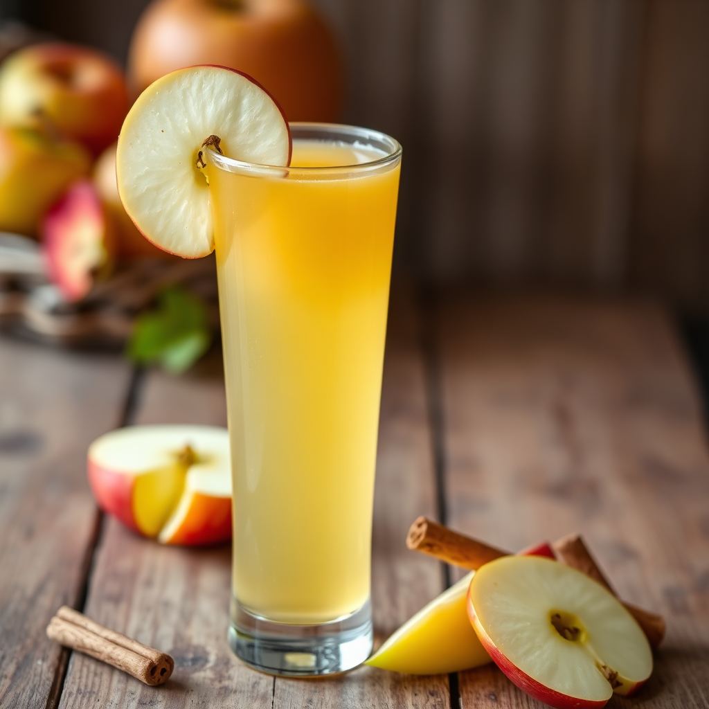 Golden yellow apple juice in a tall glass with apple slice and cinnamon stick