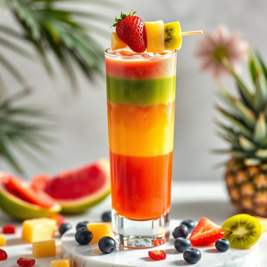 Colorful layered mixed fruit juice in a tall glass with assorted fruit garnish