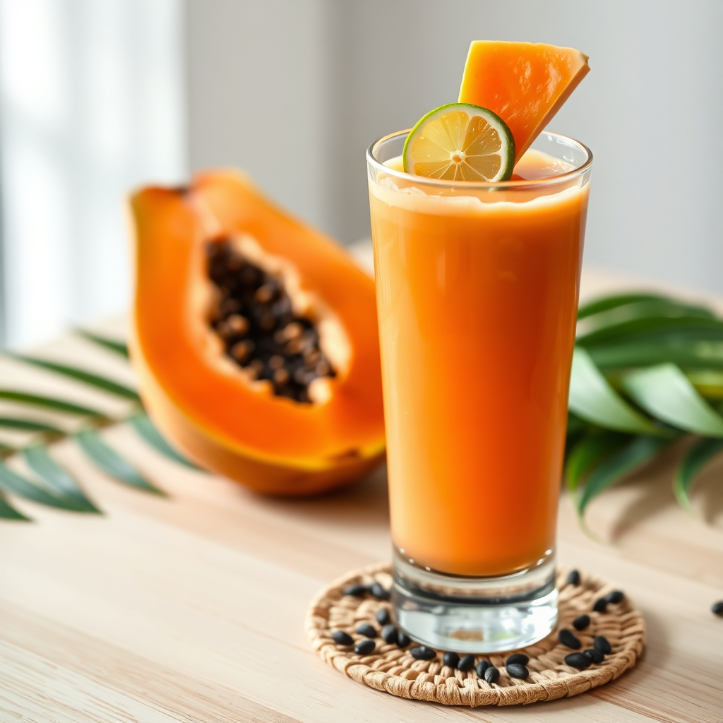 Peachy-orange papaya juice in a tall glass with papaya slice and lime garnish