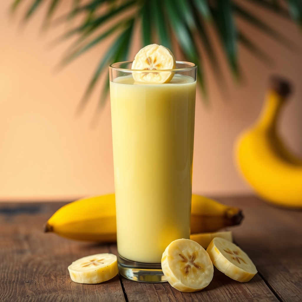 Creamy yellow banana juice in a tall glass with banana slice garnish