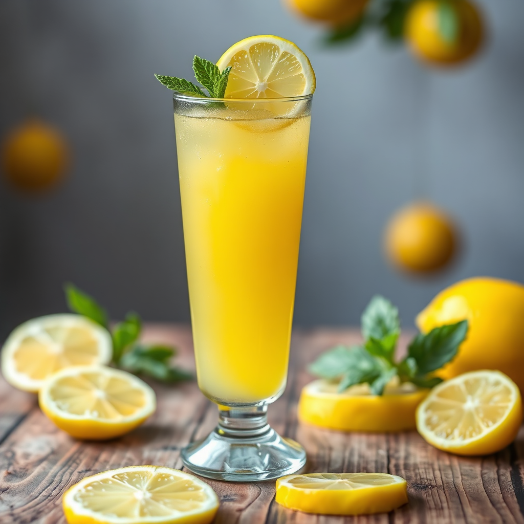 Bright yellow lemon juice in a tall glass with lemon wheel and mint garnish