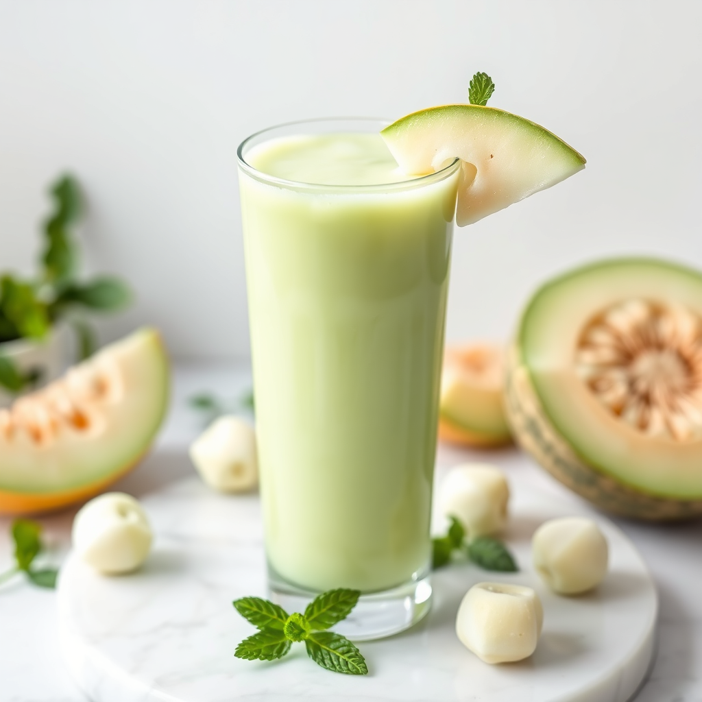Pale green sweet melon juice in a tall glass with honeydew slice and mint garnish