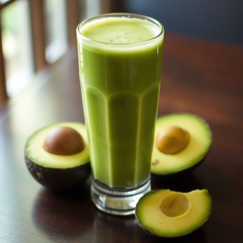 Creamy green avocado juice with fresh avocado